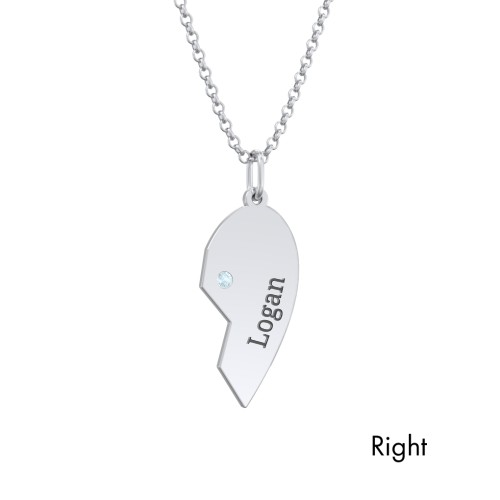 Engravable Split Heart Couples Necklace Set with Birthstones – Sterling Silver with Blue Topaz