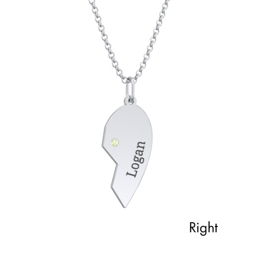 Engravable Split Heart Couples Necklace Set with Birthstones – Sterling Silver with Peridot