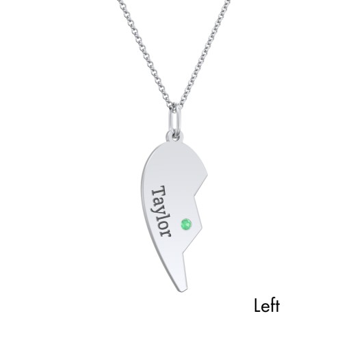 Engravable Split Heart Couples Necklace Set with Birthstones – Sterling Silver with Emerald