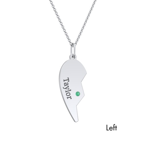 Engravable Split Heart Couples Necklace Set with Birthstones – Sterling Silver with Emerald