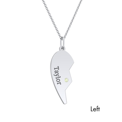 Engravable Split Heart Couples Necklace Set with Birthstones – Sterling Silver with Peridot