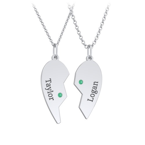 Engravable Split Heart Couples Necklace Set with Birthstones – Sterling Silver with Emerald