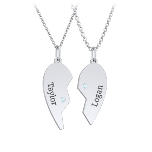Engravable Split Heart Couples Necklace Set with Birthstones – Sterling Silver with Blue Topaz