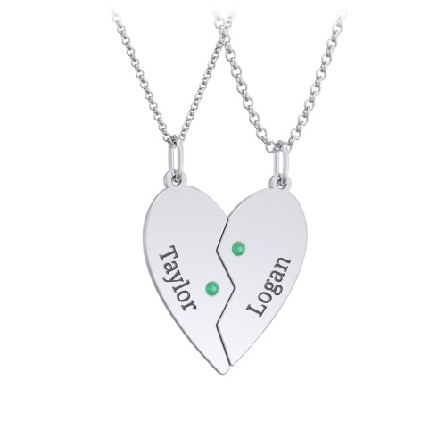 Engravable Split Heart Couples Necklace Set with Birthstones – Sterling Silver with Emerald