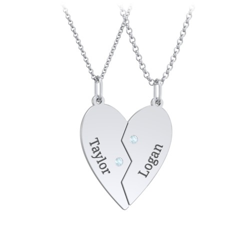 Engravable Split Heart Couples Necklace Set with Birthstones – Sterling Silver with Blue Topaz