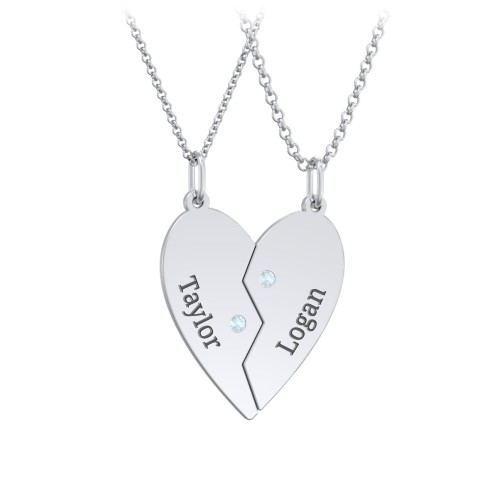 Engravable Split Heart Couples Necklace Set with Birthstones