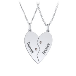 Engravable Split Heart Couples Necklace Set with Birthstones in 925 Sterling Silver with Smokey Quartz