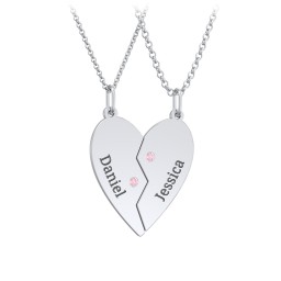 Engravable Split Heart Couples Necklace Set with Birthstones in 925 Sterling Silver with Pink Tourmaline