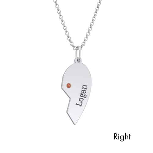 Engravable Split Heart Couples Necklace Set with Birthstones – Sterling Silver with Garnet