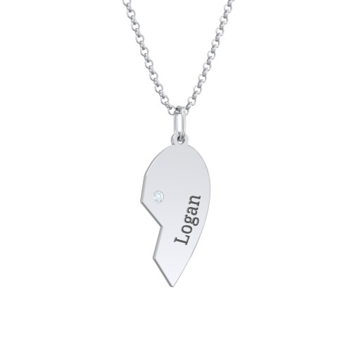 Engravable Split Heart Couples Necklace Set with Birthstones – Sterling Silver with Aquamarine