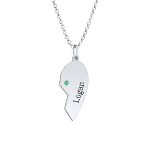 Engravable Split Heart Couples Necklace Set with Birthstones – Sterling Silver with Emerald