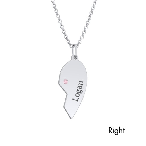 Engravable Split Heart Couples Necklace Set with Birthstones – Sterling Silver with Pink Tourmaline