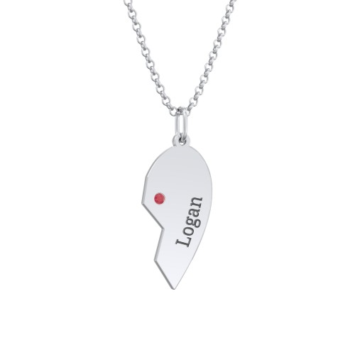 Engravable Split Heart Couples Necklace Set with Birthstones – Sterling Silver with Garnet