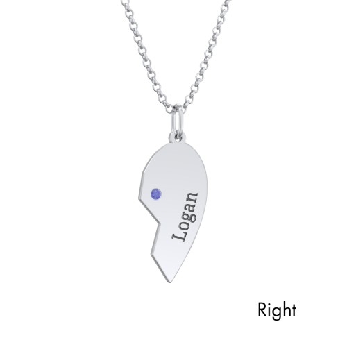 Engravable Split Heart Couples Necklace Set with Birthstones – Sterling Silver with Ruby and Blue Sapphire