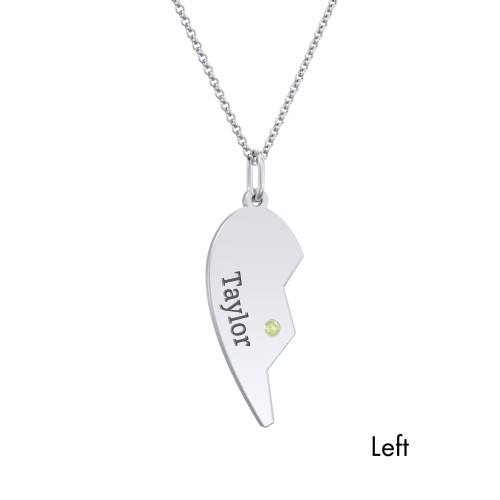 Engravable Split Heart Couples Necklace Set with Birthstones – Sterling Silver with Peridot