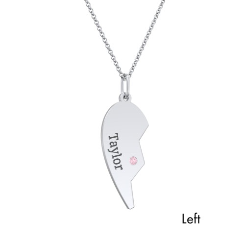 Engravable Split Heart Couples Necklace Set with Birthstones – Sterling Silver with Pink Tourmaline