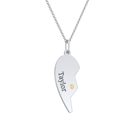 Engravable Split Heart Couples Necklace Set with Birthstones – Sterling Silver with Citrine