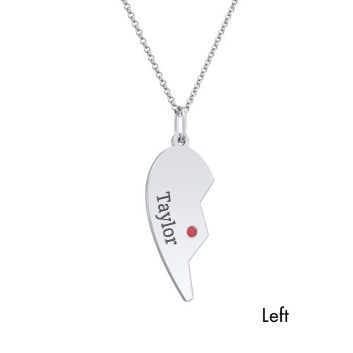 Engravable Split Heart Couples Necklace Set with Birthstones – Sterling Silver with Garnet