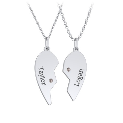 Engravable Split Heart Couples Necklace Set with Birthstones – Sterling Silver with Smokey Quartz