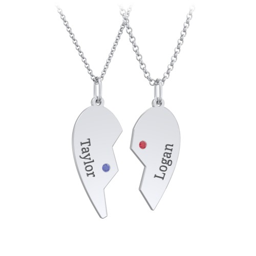 Engravable Split Heart Couples Necklace Set with Birthstones – Sterling Silver with Blue Sapphire and Garnet