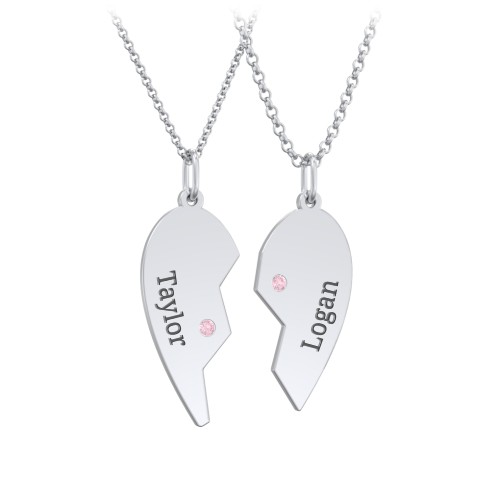 Engravable Split Heart Couples Necklace Set with Birthstones – Sterling Silver with Pink Tourmaline
