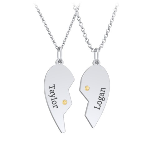 Engravable Split Heart Couples Necklace Set with Birthstones – Sterling Silver with Citrine