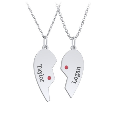 Engravable Split Heart Couples Necklace Set with Birthstones – Sterling Silver with Garnet