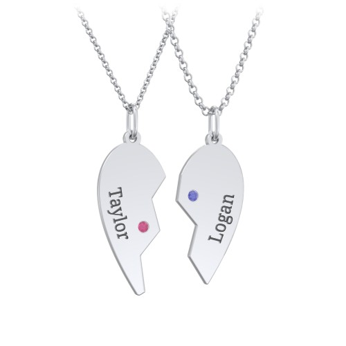 Engravable Split Heart Couples Necklace Set with Birthstones – Sterling Silver with Ruby and Blue Sapphire