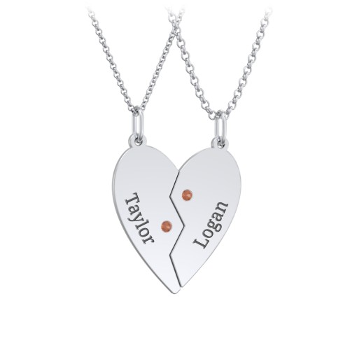 Engravable Split Heart Couples Necklace Set with Birthstones – Sterling Silver with Garnet