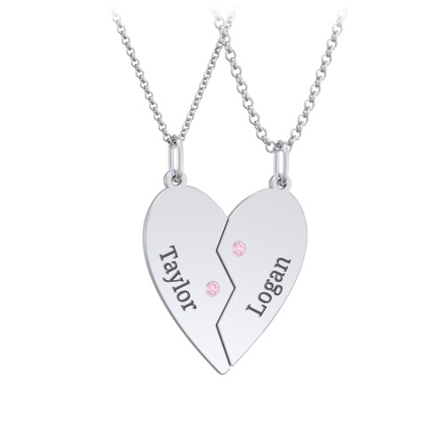 Engravable Split Heart Couples Necklace Set with Birthstones – Sterling Silver with Pink Tourmaline