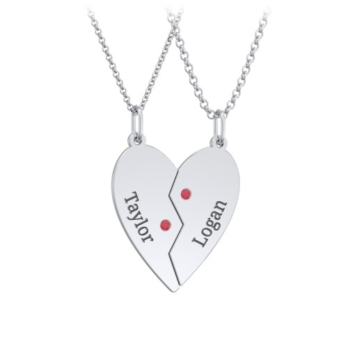 Engravable Split Heart Couples Necklace Set with Birthstones – Sterling Silver with Garnet
