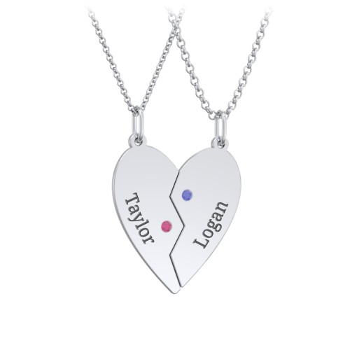 Engravable Split Heart Couples Necklace Set with Birthstones – Sterling Silver with Ruby and Blue Sapphire