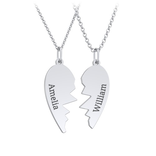 Engravable Split Heart Couples Necklace Set – Sterling Silver