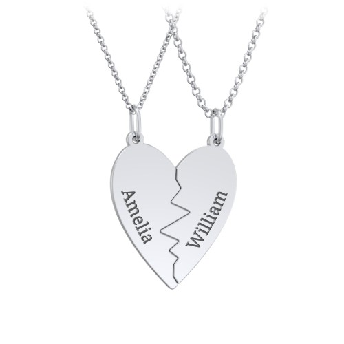 Engravable Split Heart Couples Necklace Set – Sterling Silver