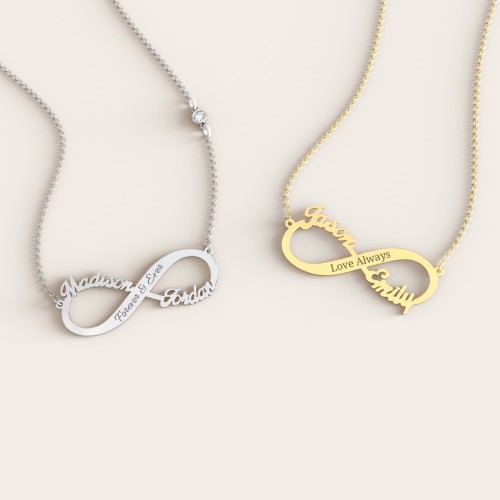 Engravable Two Name Infinity Necklace – 10K Yellow Gold