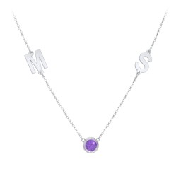 Personalized Initials Necklace with Bezel Set Birthstone in 925 Sterling Silver with Amethyst