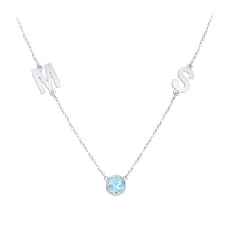 Personalized Initials Necklace with Bezel Set Birthstone in 925 Sterling Silver with Blue Topaz