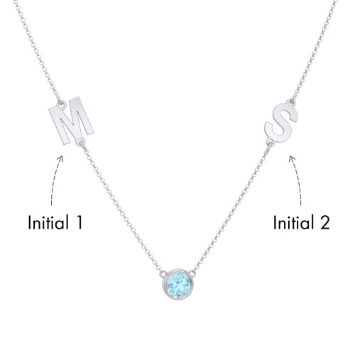 Personalized Initials Necklace with Bezel Set Birthstone – Sterling Silver with Blue Topaz