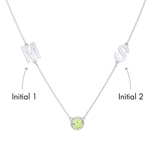 Personalized Initials Necklace with Bezel Set Birthstone – Sterling Silver with Peridot