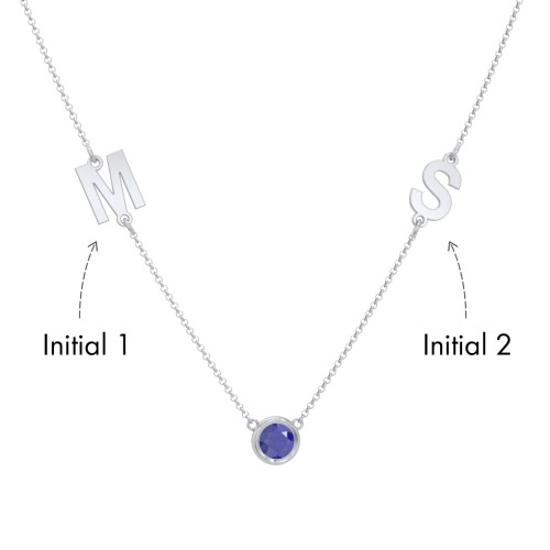 Personalized Initials Necklace with Bezel Set Birthstone