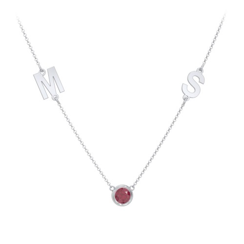 Personalized Initials Necklace with Bezel Set Birthstone – Sterling Silver with Ruby