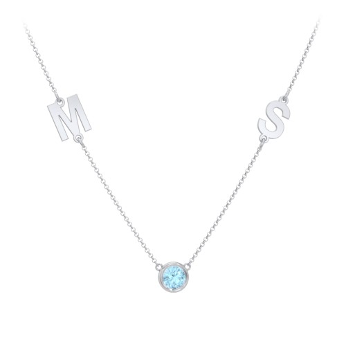 Personalized Initials Necklace with Bezel Set Birthstone – Sterling Silver with Blue Topaz
