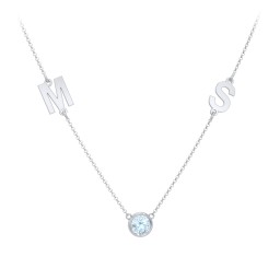 Personalized Initials Necklace with Bezel Set Birthstone in 925 Sterling Silver with Aquamarine