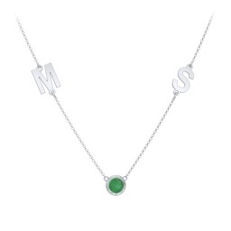 Personalized Initials Necklace with Bezel Set Birthstone in 925 Sterling Silver with Emerald