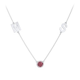 Personalized Initials Necklace with Bezel Set Birthstone in 925 Sterling Silver with Ruby