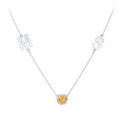 Personalized Initials Necklace with Bezel Set Birthstone in 925 Sterling Silver with Citrine