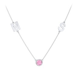 Personalized Initials Necklace with Bezel Set Birthstone in 925 Sterling Silver with Pink Tourmaline