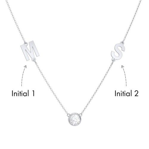 Personalized Initials Necklace with Bezel Set Birthstone – Sterling Silver with Diamond