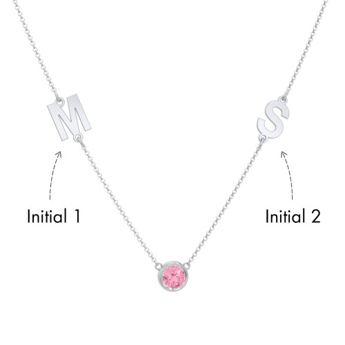 Personalized Initials Necklace with Bezel Set Birthstone – Sterling Silver with Pink Tourmaline
