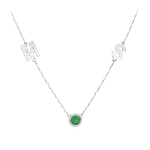 Personalized Initials Necklace with Bezel Set Birthstone – Sterling Silver with Emerald